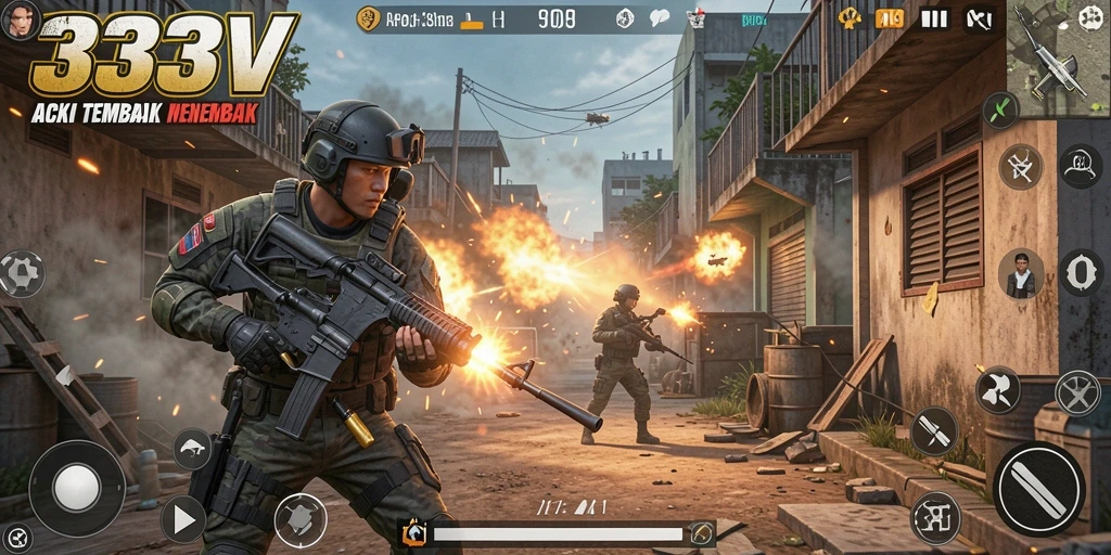 Tampilan gameplay seru dalam aksi tembak menembak.