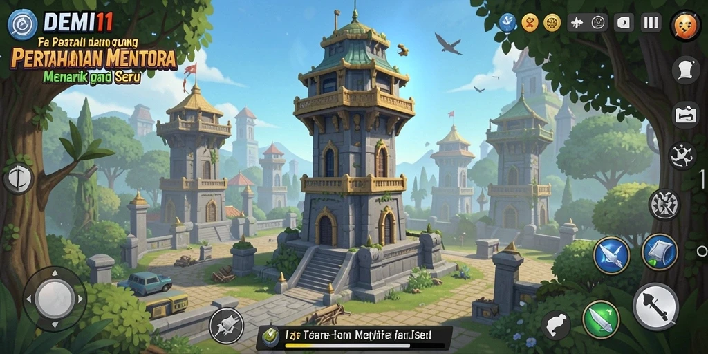 Tampilan menarik menunjukkan pertarungan menara dalam game Tower Defense.